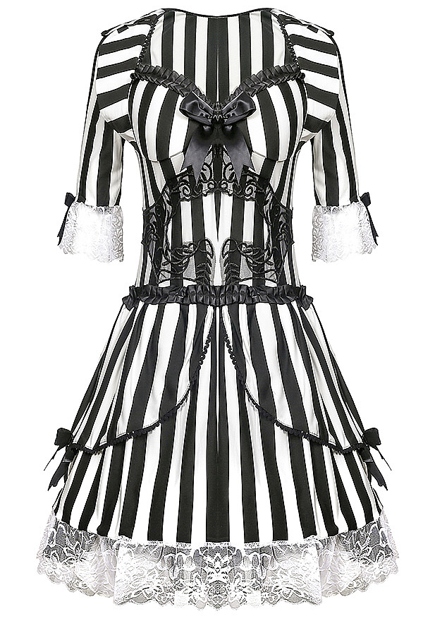 Gothic Black and White Striped Dress Mid-Length Sleeves Dress with Lace Trim and Bow Gothic Black and White Striped Dress Mid-Length Sleeves Dress with Lace Trim and Bow