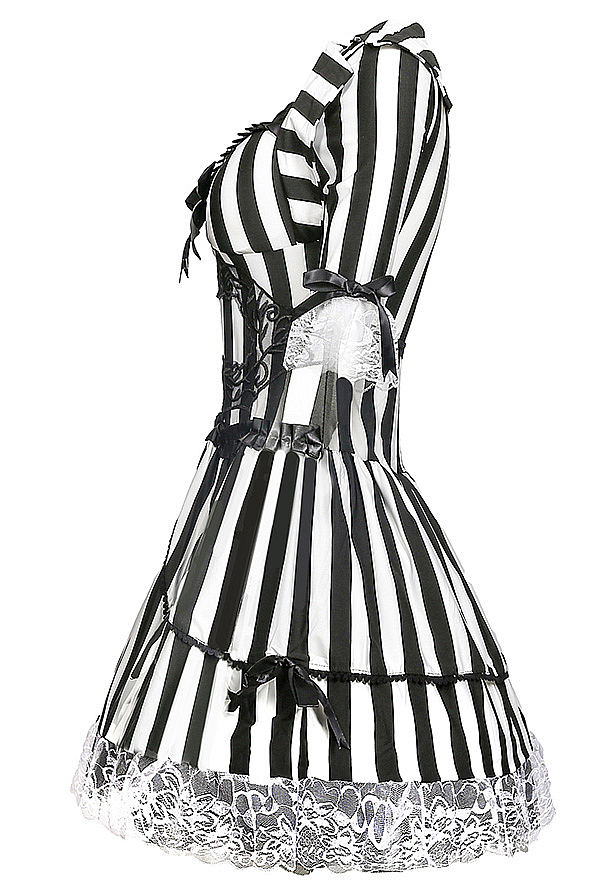 Gothic Black and White Striped Dress Mid-Length Sleeves Dress with Lace Trim and Bow Gothic Black and White Striped Dress Mid-Length Sleeves Dress with Lace Trim and Bow