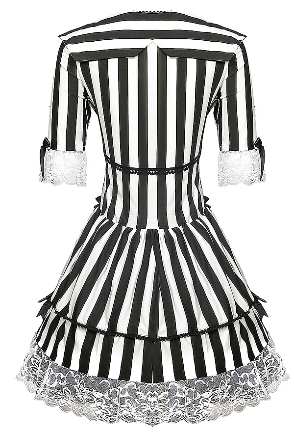 Gothic Black and White Striped Dress Mid-Length Sleeves Dress with Lace Trim and Bow Gothic Black and White Striped Dress Mid-Length Sleeves Dress with Lace Trim and Bow