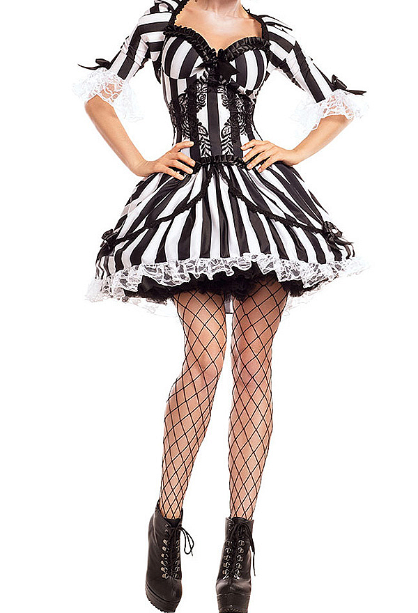Gothic Black and White Striped Dress Mid-Length Sleeves Dress with Lace Trim and Bow Gothic Black and White Striped Dress Mid-Length Sleeves Dress with Lace Trim and Bow