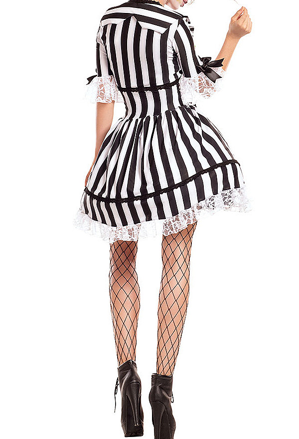 Gothic Black and White Striped Dress Mid-Length Sleeves Dress with Lace Trim and Bow Gothic Black and White Striped Dress Mid-Length Sleeves Dress with Lace Trim and Bow