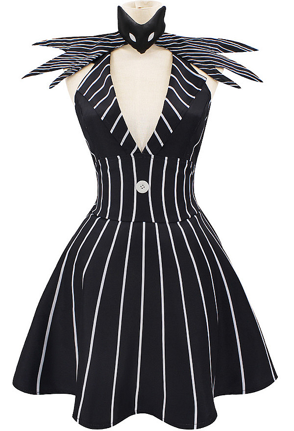 Sweet Nightmare Jack Skellington Style Gothic Costume Black White Striped Dress with Tie Sweet Nightmare Jack Skellington Style Gothic Costume Black White Striped Dress with Tie