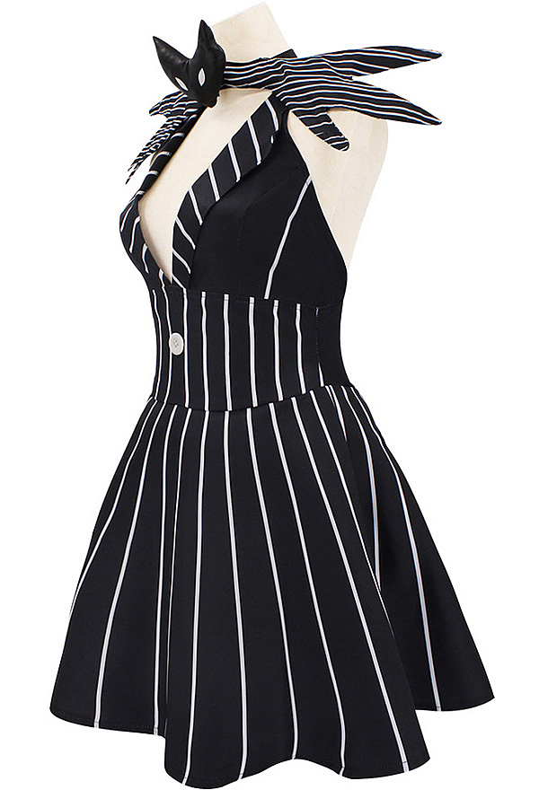 Sweet Nightmare Jack Skellington Style Gothic Costume Black White Striped Dress with Tie Sweet Nightmare Jack Skellington Style Gothic Costume Black White Striped Dress with Tie