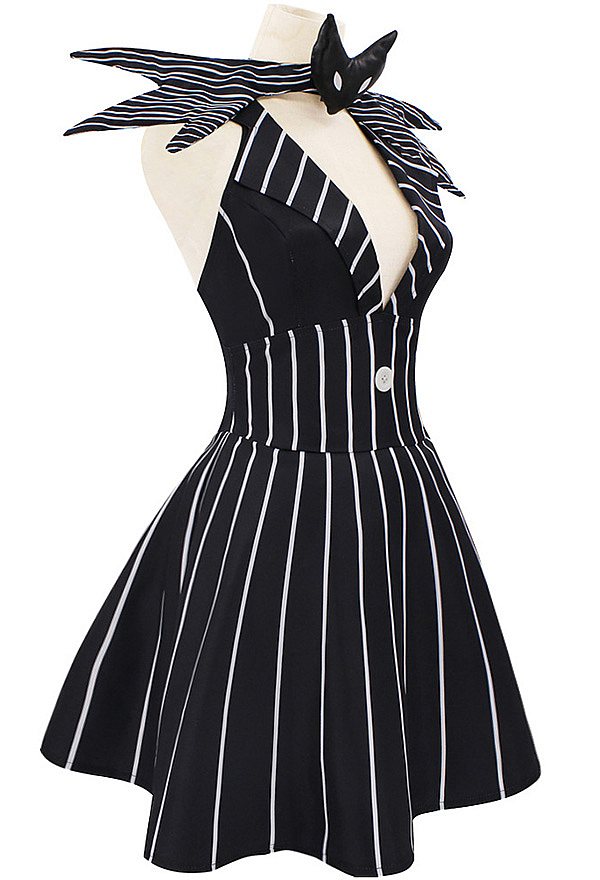 Sweet Nightmare Jack Skellington Style Gothic Costume Black White Striped Dress with Tie Sweet Nightmare Jack Skellington Style Gothic Costume Black White Striped Dress with Tie