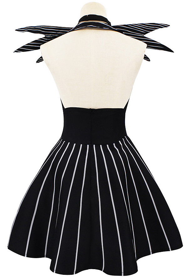 Sweet Nightmare Jack Skellington Style Gothic Costume Black White Striped Dress with Tie Sweet Nightmare Jack Skellington Style Gothic Costume Black White Striped Dress with Tie