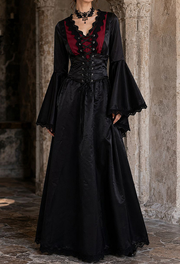 Victorian Gothic Black Red Velvet Maxi Dress Vampire Cosplay Gown with Lace-Up Corset Waist and Choker Victorian Gothic Black Red Velvet Maxi Dress Vampire Cosplay Gown with Lace-Up Corset Waist and Choker