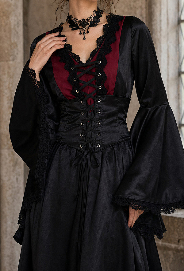 Victorian Gothic Black Red Velvet Maxi Dress Vampire Cosplay Gown with Lace-Up Corset Waist and Choker Victorian Gothic Black Red Velvet Maxi Dress Vampire Cosplay Gown with Lace-Up Corset Waist and Choker