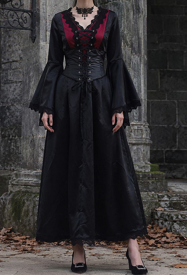 Victorian Gothic Black Red Velvet Maxi Dress Vampire Cosplay Gown with Lace-Up Corset Waist and Choker Victorian Gothic Black Red Velvet Maxi Dress Vampire Cosplay Gown with Lace-Up Corset Waist and Choker