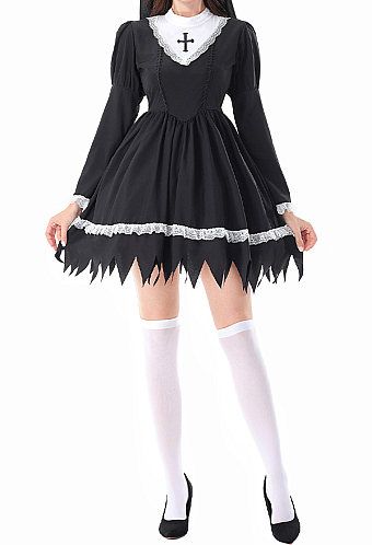 HOLY LOVE Gothic Nun Dress Black Cross Serrated Hem Dress with Head Scarf and Stockings