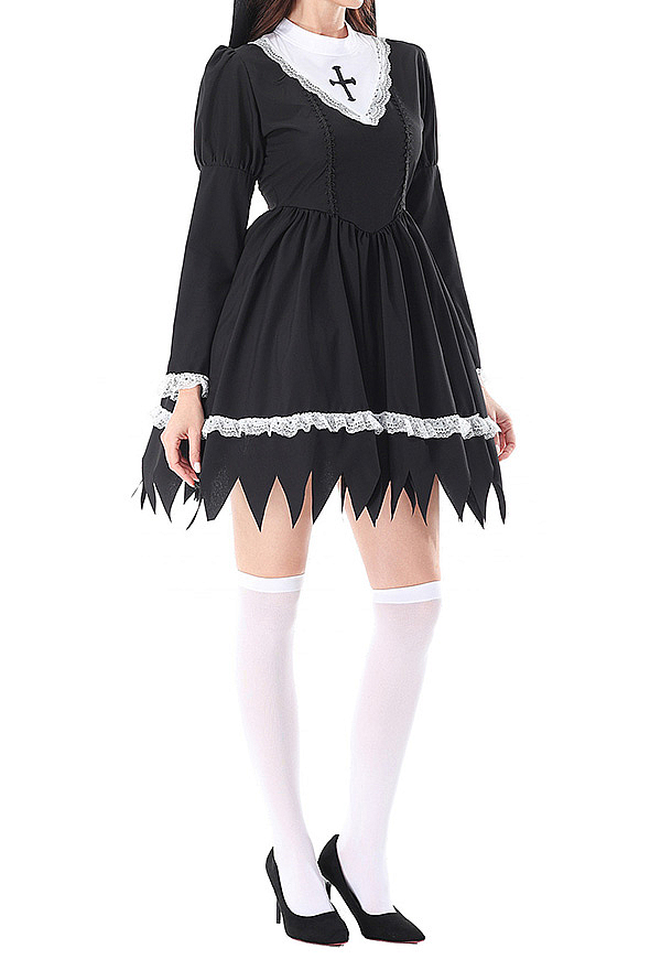 HOLY LOVE Gothic Nun Dress Black Cross Serrated Hem Dress with Head Scarf and Stockings