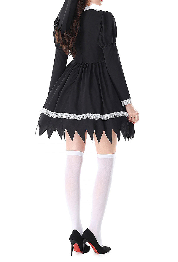 HOLY LOVE Gothic Nun Dress Black Cross Serrated Hem Dress with Head Scarf and Stockings