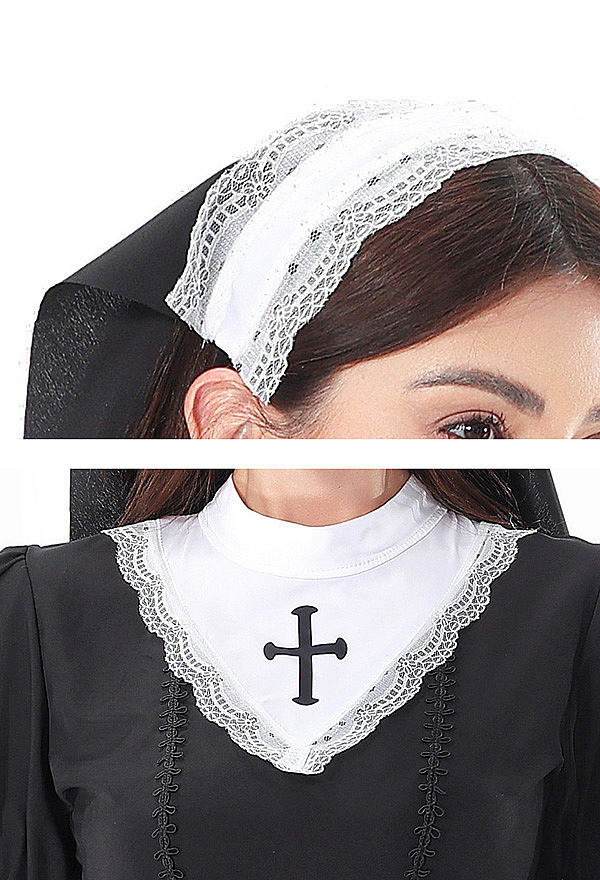 HOLY LOVE Gothic Nun Dress Black Cross Serrated Hem Dress with Head Scarf and Stockings