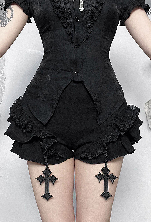 Gothic Style Black Layered Ruffle Shorts with Cross Pendants