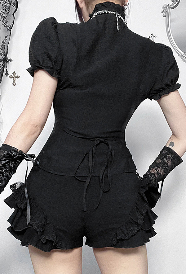 Gothic Style Black Layered Ruffle Shorts with Cross Pendants