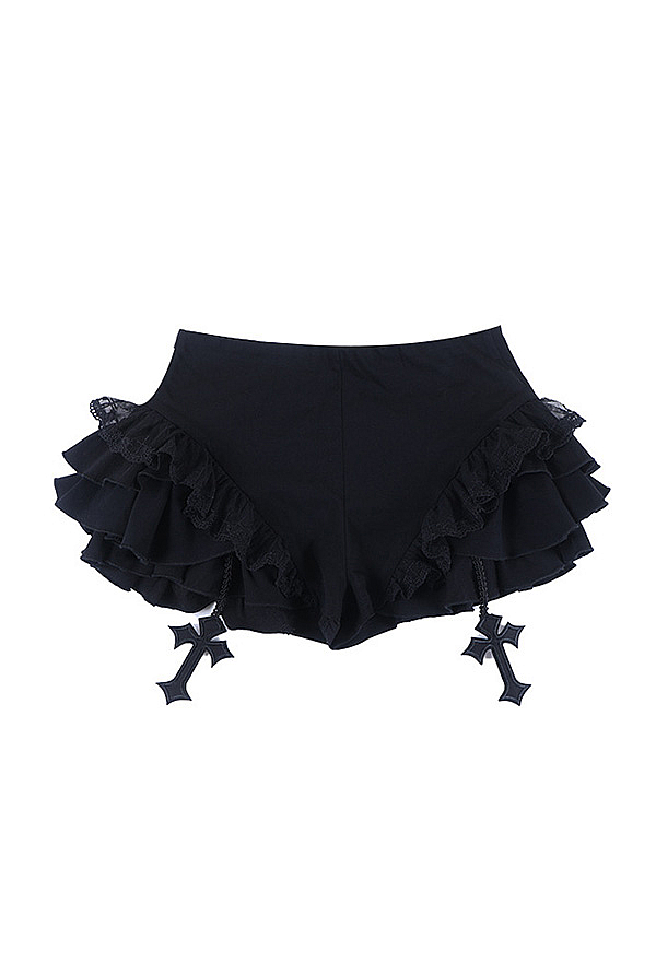 Gothic Style Black Layered Ruffle Shorts with Cross Pendants