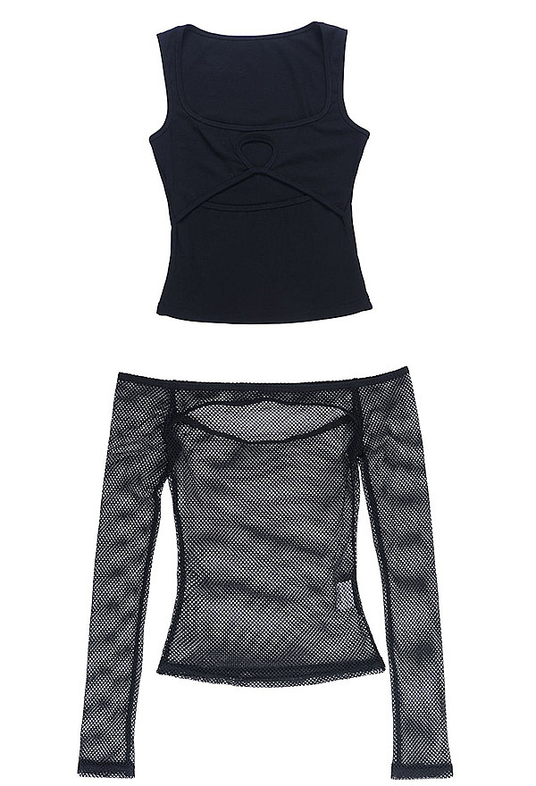 Gothic Style Black Cutout Tank Top with Fishnet Long Sleeve Off-Shoulder Two-Piece Set