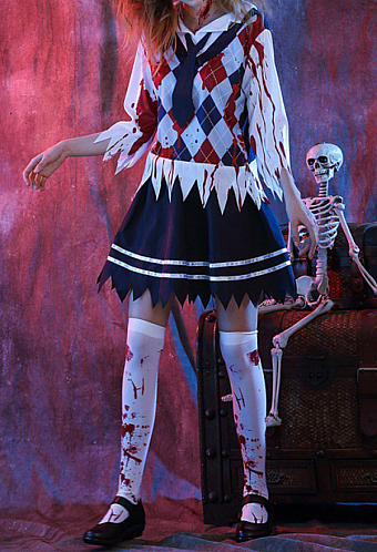 Halloween Horror Costumes Bloody Argyle School Uniform Costume Set with Top Pleated Skirt & Tie