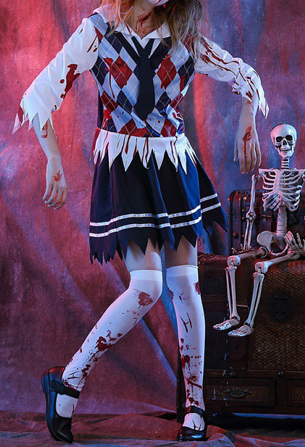 Halloween Horror Costumes Bloody Argyle School Uniform Costume Set with Top Pleated Skirt & Tie