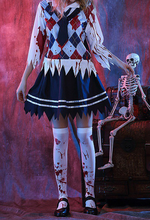 Halloween Horror Costumes Bloody Argyle School Uniform Costume Set with Top Pleated Skirt & Tie