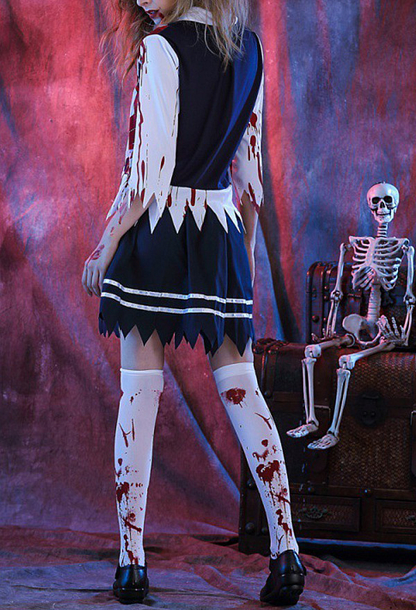 Halloween Horror Costumes Bloody Argyle School Uniform Costume Set with Top Pleated Skirt & Tie