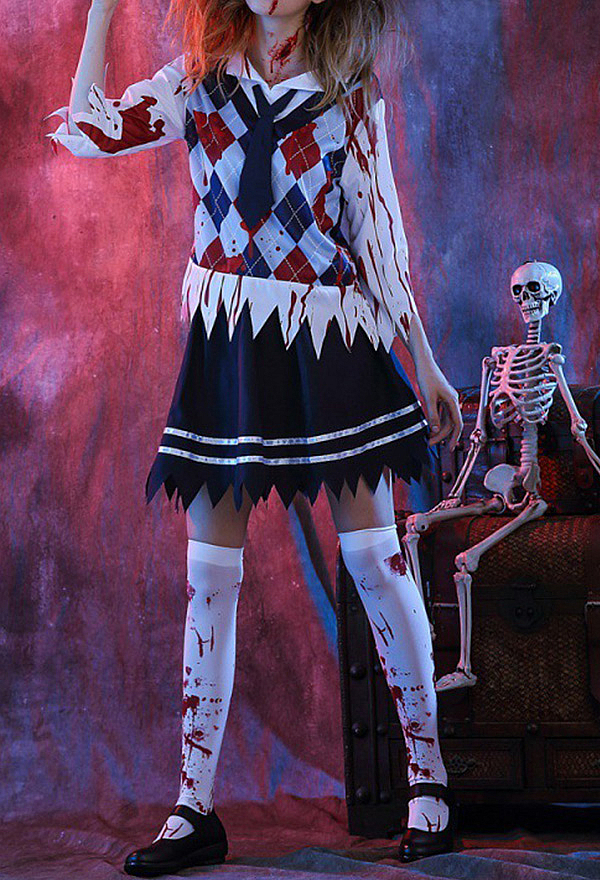 Halloween Horror Costumes Bloody Argyle School Uniform Costume Set with Top Pleated Skirt & Tie