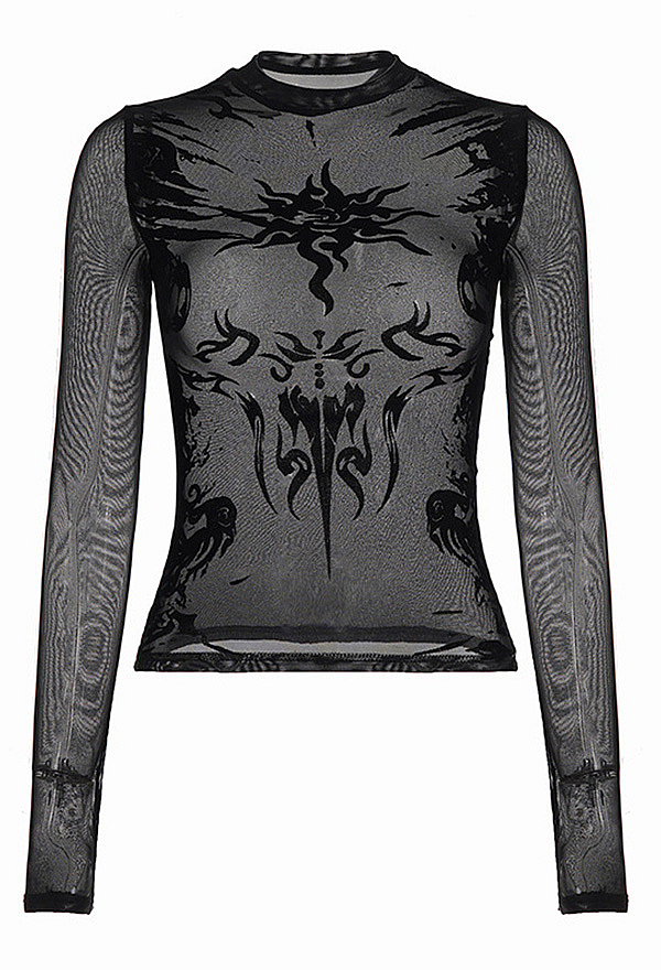 Gothic Style Black Sheer Mesh Long Sleeve Tee Tribal Sun Graphic Print Top Gothic Style Black Sheer Mesh Long Sleeve Tee Tribal Sun Graphic Print Top