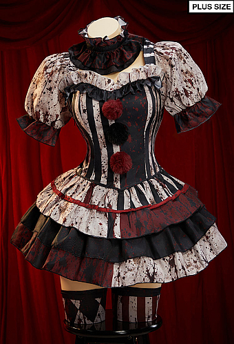 Plus Size Halloween Gothic Joker Costumes Printed Blood Dress with Choker Sleeves and Stockings