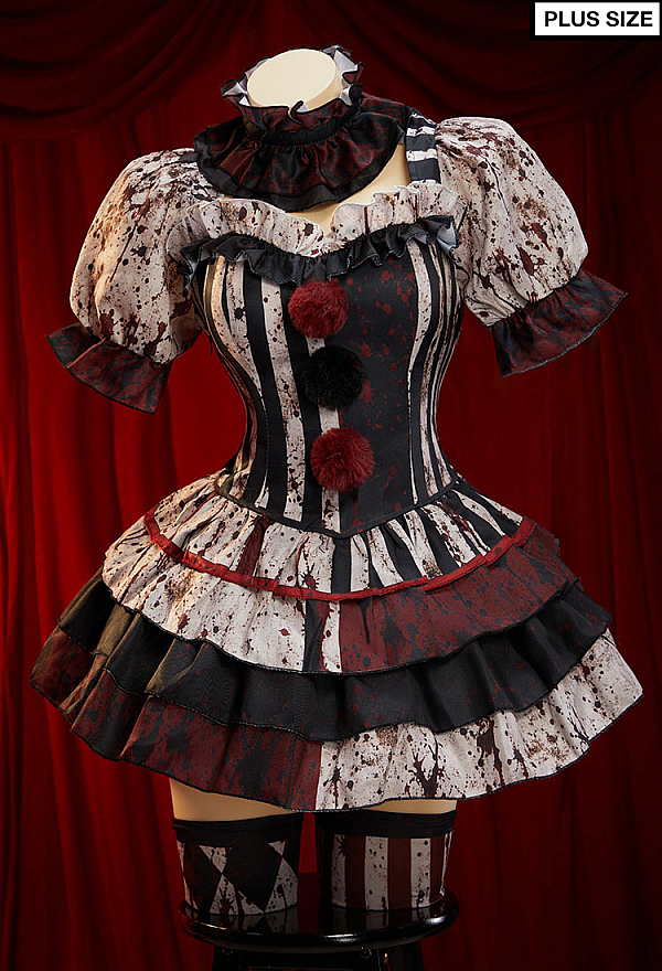 Plus Size Halloween Gothic Joker Costumes Printed Blood Dress with Choker Sleeves and Stockings Plus Size Halloween Gothic Joker Costumes Printed Blood Dress with Choker Sleeves and Stockings