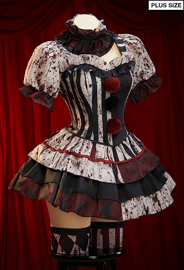 Plus Size Halloween Gothic Joker Costumes Printed Blood Dress with Choker Sleeves and Stockings Plus Size Halloween Gothic Joker Costumes Printed Blood Dress with Choker Sleeves and Stockings