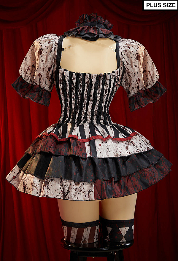 Plus Size Halloween Gothic Joker Costumes Printed Blood Dress with Choker Sleeves and Stockings Plus Size Halloween Gothic Joker Costumes Printed Blood Dress with Choker Sleeves and Stockings