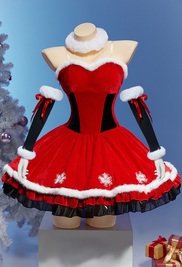 Gothic Christmas Velvet Dress Set Holiday Party Costume with Hat Choker and Sleeves