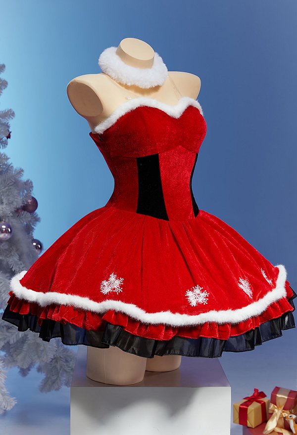 Gothic Christmas Velvet Dress Set Holiday Party Costume with Hat Choker and Sleeves