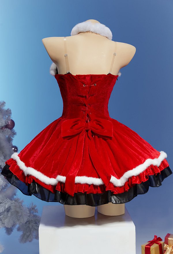 Gothic Christmas Velvet Dress Set Holiday Party Costume with Hat Choker and Sleeves