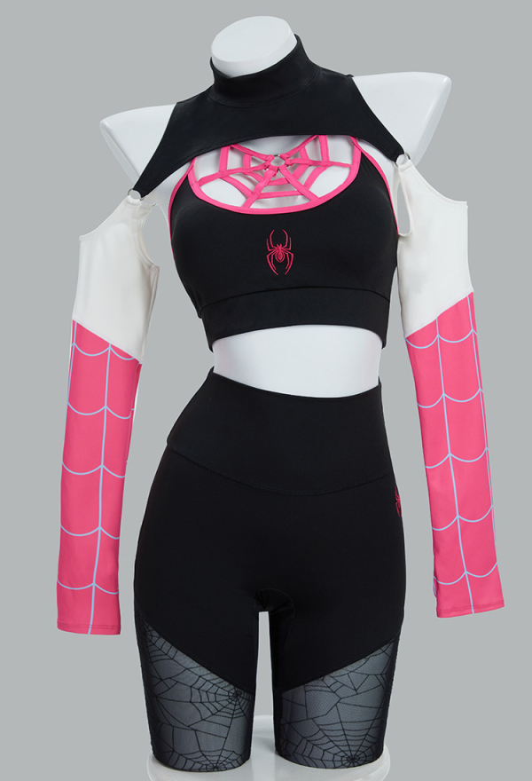 Dark Spider Yoga Wear Print Stretchy Sportswear Top and Leggings with Jacket and Hairband