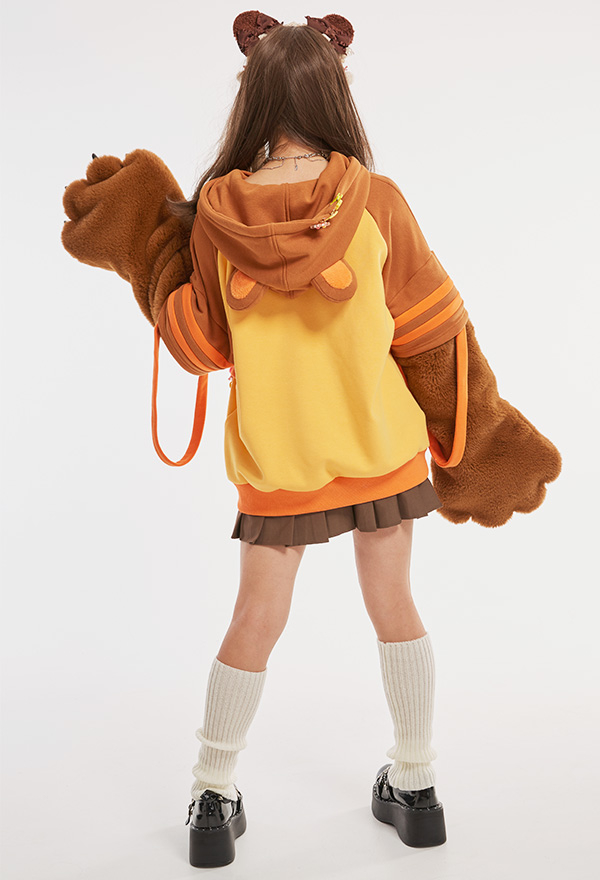 Honey Bear Women Cute Yellow Brown Bee Embroidery Hoodie with Detachable Furry Cat Paw Bag