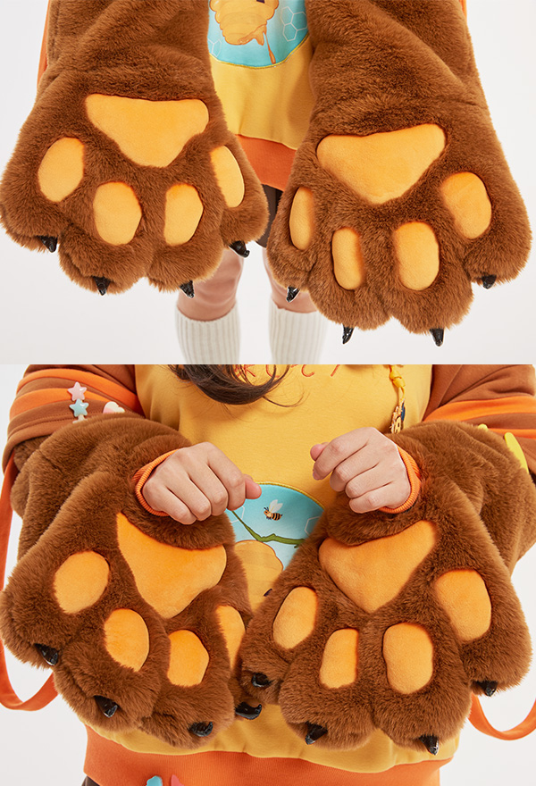 Honey Bear Women Cute Yellow Brown Bee Embroidery Hoodie with Detachable Furry Cat Paw Bag