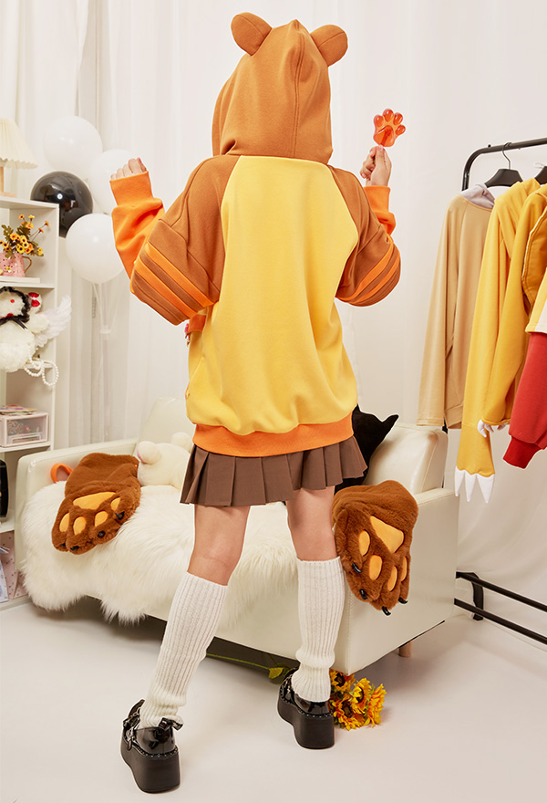 Honey Bear Women Cute Yellow Brown Bee Embroidery Hoodie with Detachable Furry Cat Paw Bag