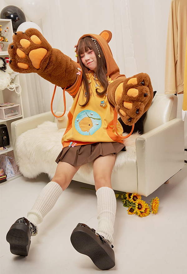 Honey Bear Women Cute Yellow Brown Bee Embroidery Hoodie with Detachable Furry Cat Paw Bag