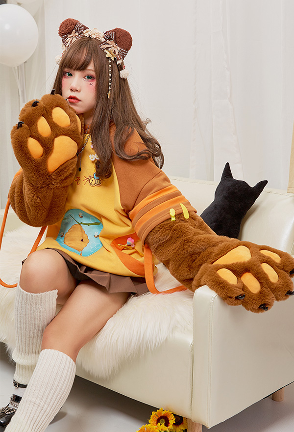 Honey Bear Women Cute Yellow Brown Bee Embroidery Hoodie with Detachable Furry Cat Paw Bag