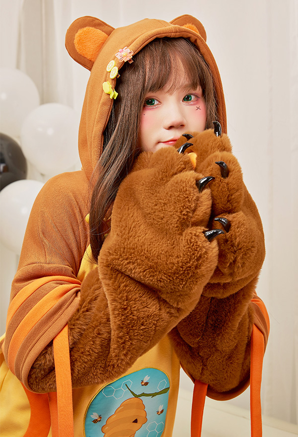 Honey Bear Women Cute Yellow Brown Bee Embroidery Hoodie with Detachable Furry Cat Paw Bag