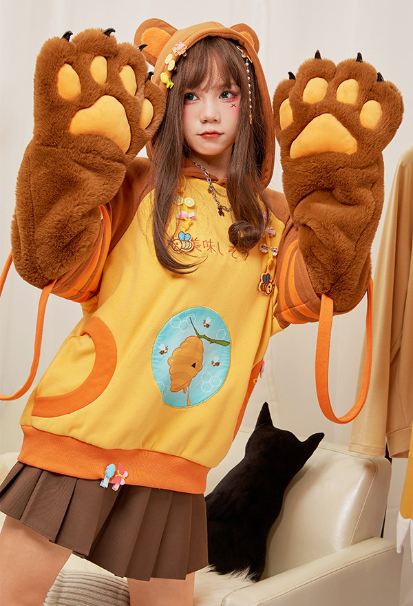 Honey Bear Women Cute Yellow Brown Bee Embroidery Hoodie with Detachable Furry Cat Paw Bag