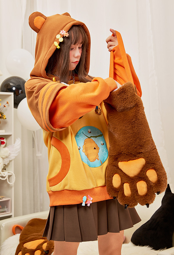 Honey Bear Women Cute Yellow Brown Bee Embroidery Hoodie with Detachable Furry Cat Paw Bag