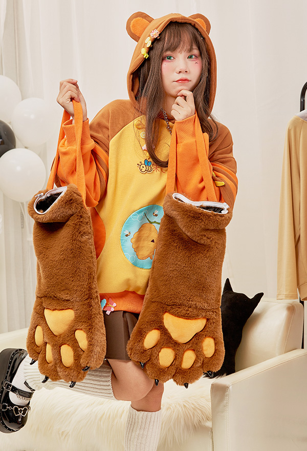 Honey Bear Women Cute Yellow Brown Bee Embroidery Hoodie with Detachable Furry Cat Paw Bag