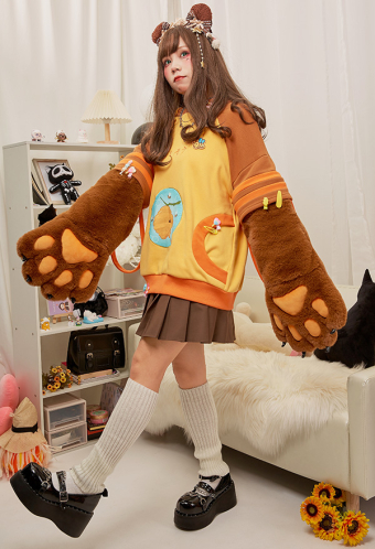 Honey Bear Women Cute Yellow Brown Bee Embroidery Hoodie with Detachable Furry Cat Paw Bag