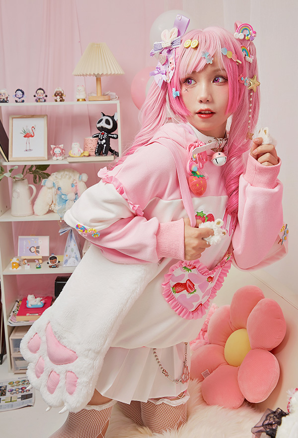 Cute Strawberry Milk Plush Cat Paw Hoodies Pink Graphic Furry Pullover Hoodies with Detachable Bag