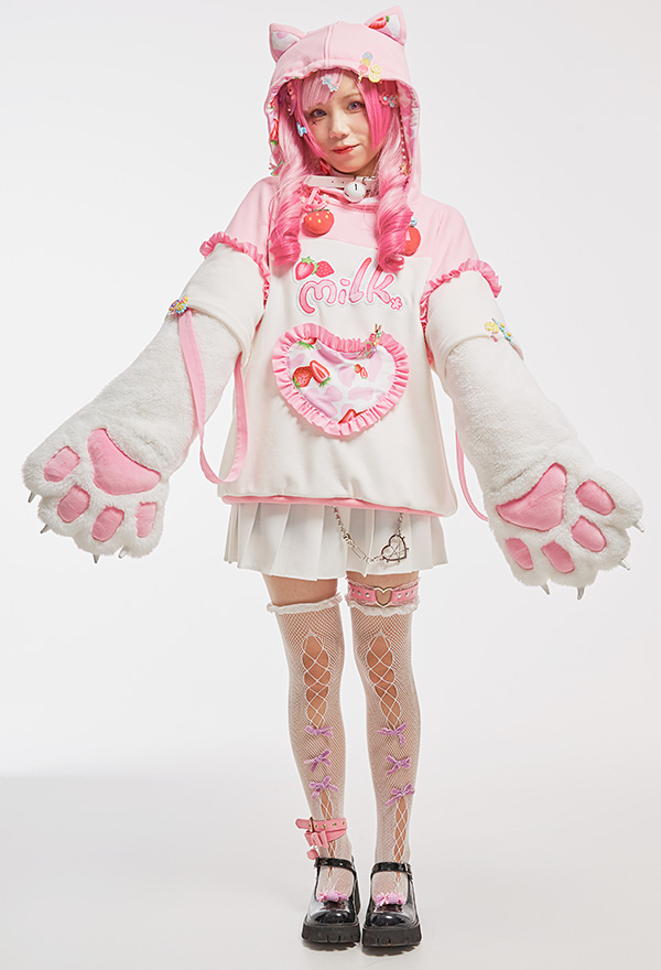 Cute Strawberry Milk Plush Cat Paw Hoodies Pink Graphic Furry Pullover Hoodies with Detachable Bag