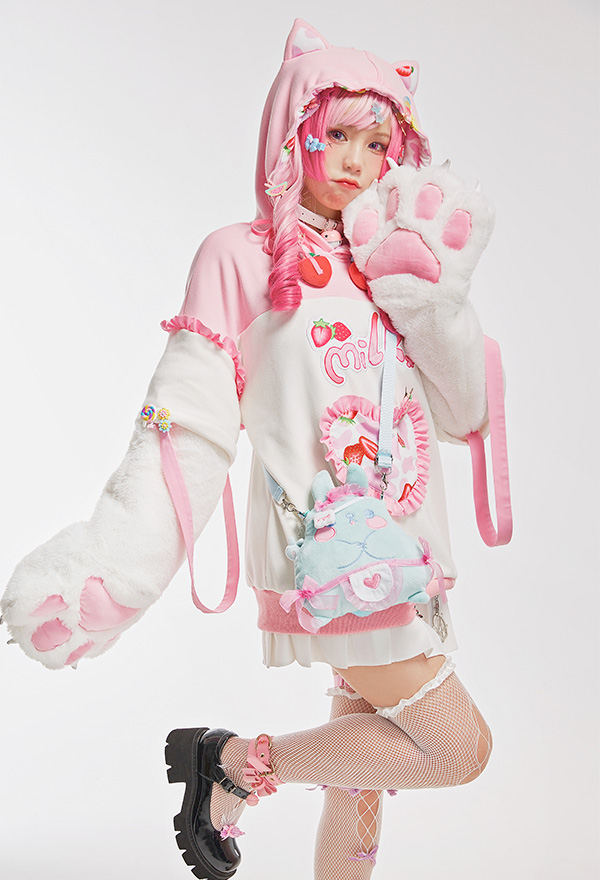 Cute Strawberry Milk Plush Cat Paw Hoodies Pink Graphic Furry Pullover Hoodies with Detachable Bag
