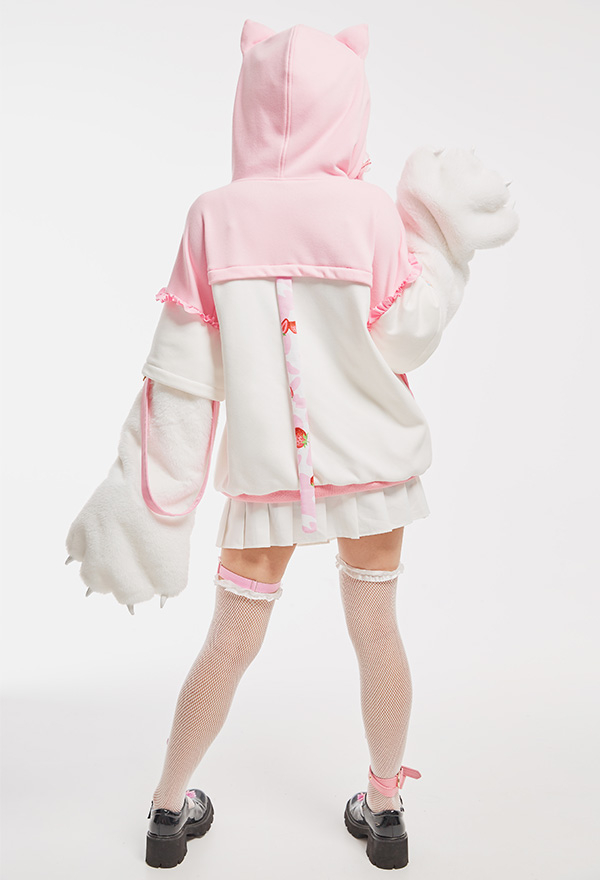 Cute Strawberry Milk Plush Cat Paw Hoodies Pink Graphic Furry Pullover Hoodies with Detachable Bag
