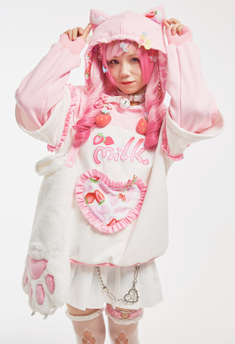 Cute Strawberry Milk Plush Cat Paw Hoodies Pink Graphic Furry Pullover Hoodies with Detachable Bag