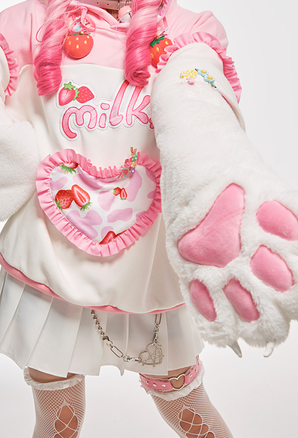 Cute Strawberry Milk Plush Cat Paw Hoodies Pink Graphic Furry Pullover Hoodies with Detachable Bag